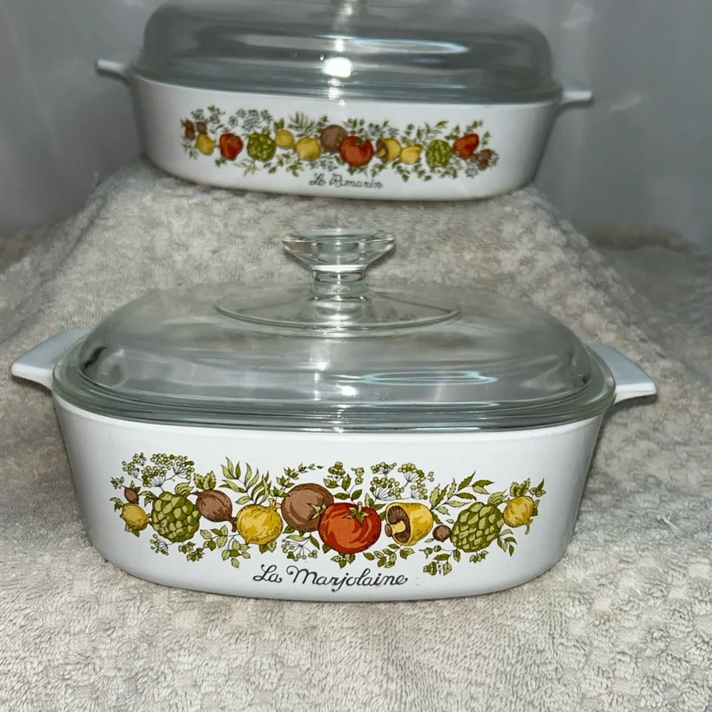 Corningware White Dish with Fruit and Floral Pattern